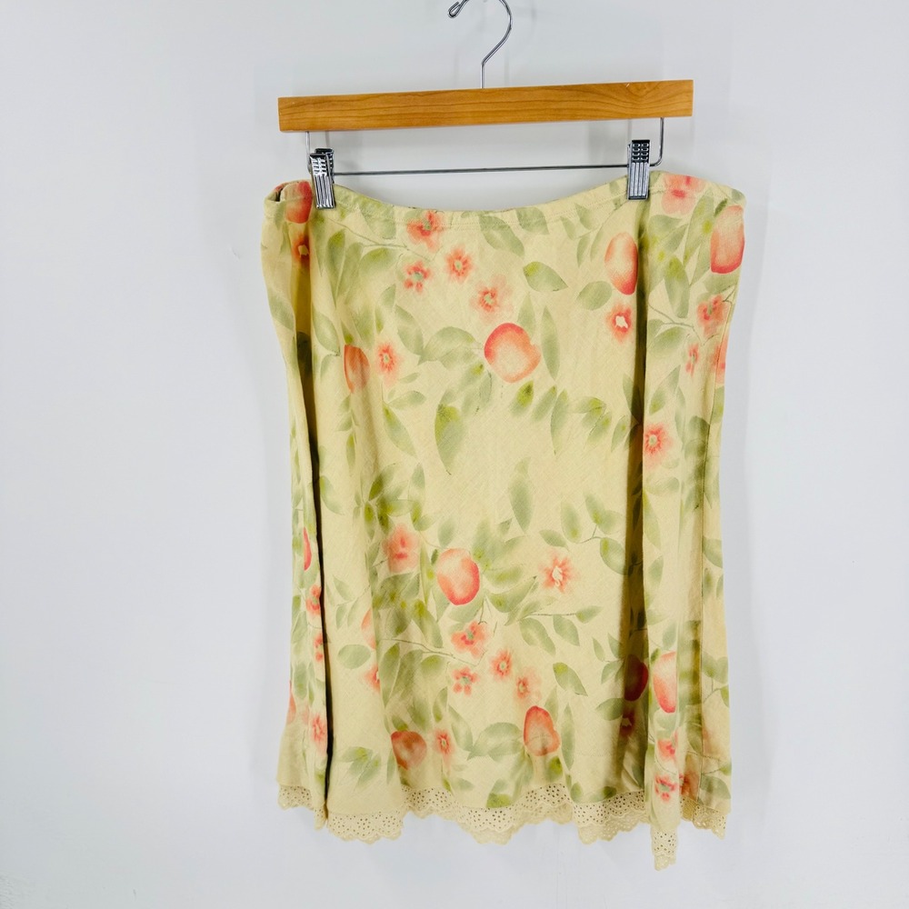 Vintage J. Jill Linen Tan Peach Floral Size XL Eyelet Lace Hem Fruit Cottage - Picture 7 of 7